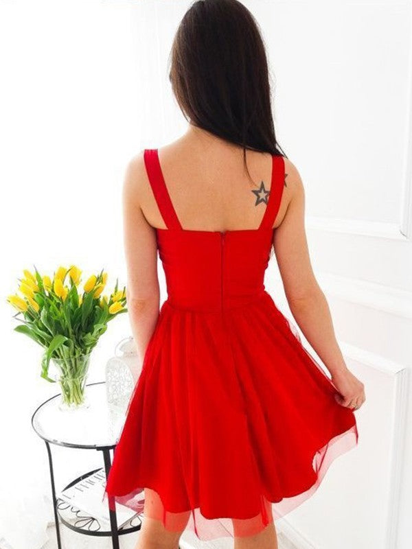 Vestidos cortos/mini de corte A/princesa, sin mangas, con tirantes y tul con volantes