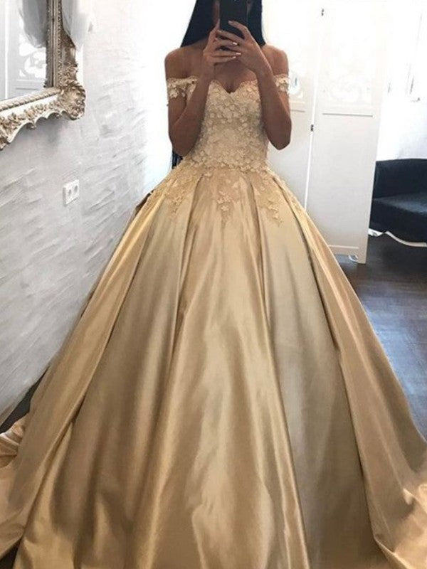 Ball Gown Off-the-Shoulder Sleeveless Sweep/Brush Train Applique Satin Dresses