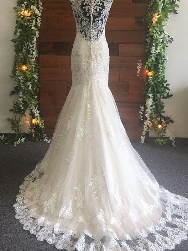Trumpet/Mermaid Tulle Lace V-neck Sleeveless Sweep/Brush Train Wedding Dresses