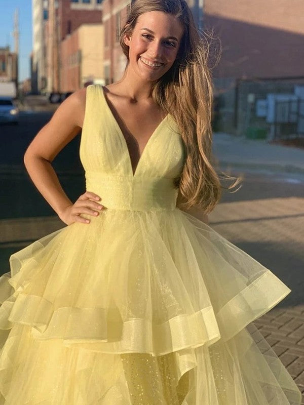 Ball Gown Floor-Length V-neck Ruffles Sleeveless Tulle Dresses