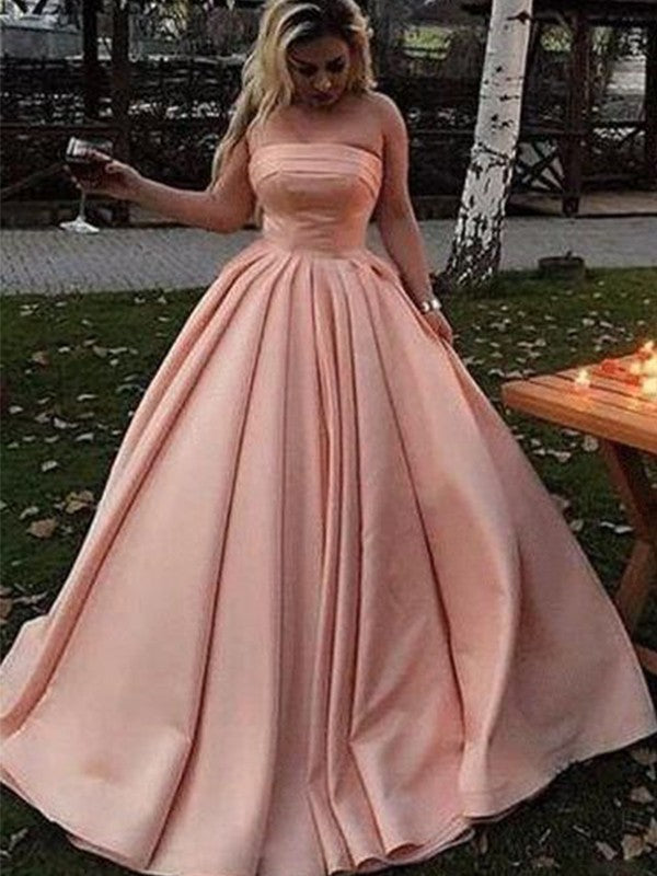 Ball Gown Satin Strapless Ruffles Sleeveless Sweep/Brush Train Dresses