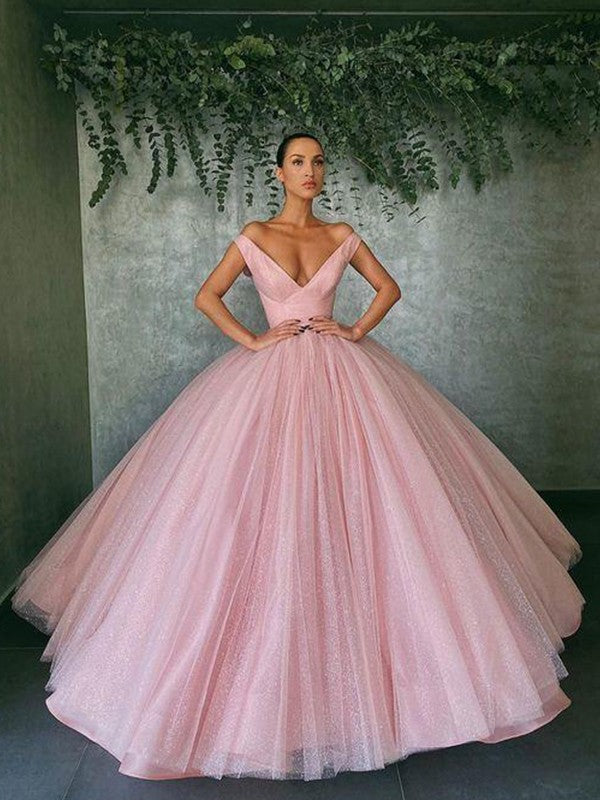 Ball Gown Tulle Ruffles Off-the-Shoulder Sleeveless Floor-Length Dresses