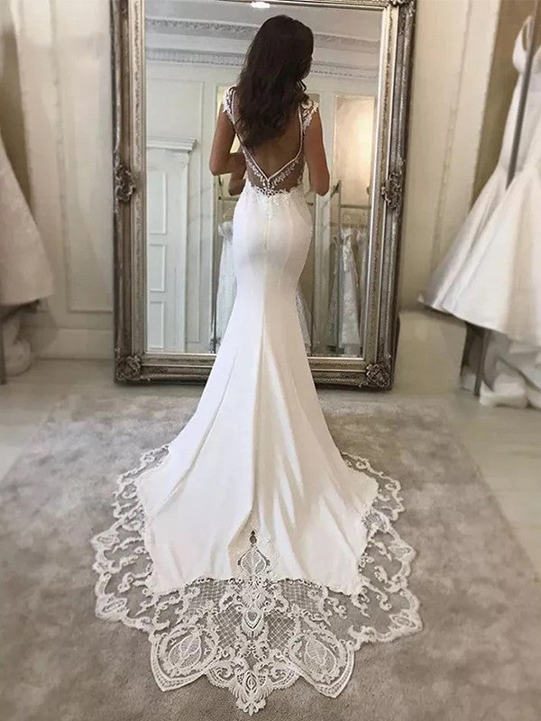 Vestidos de novia con escote en V, sin mangas, de crepé elástico, con cola larga y corte tubo/columna