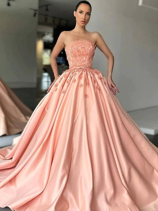 Ball Gown Satin Applique Strapless Sleeveless Sweep/Brush Train Dresses