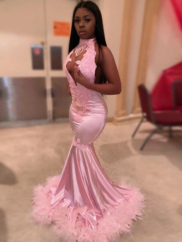 Trumpet/Mermaid Elastic Woven Satin Applique High Neck Sleeveless Sweep/Brush Train Dresses