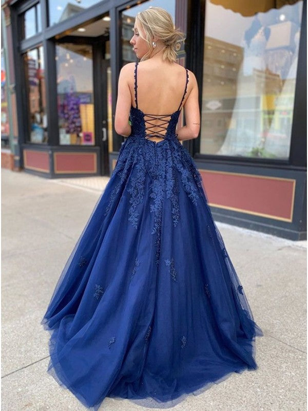 A-Line/Princess Tulle Applique V-neck Sleeveless Sweep/Brush Train Dresses