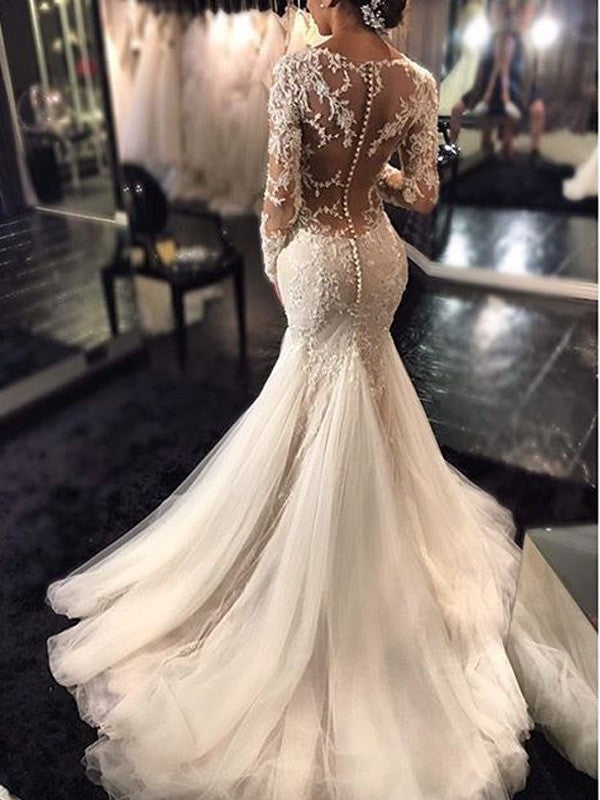Vestidos de novia de tul con escote en V, mangas largas, encaje y cola de corte trompeta/sirena