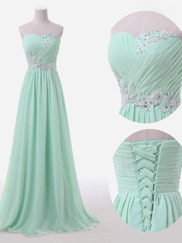 Vestidos de dama de honor de gasa con escote corazón, sin mangas, corte A/princesa, largo hasta el suelo y cuentas