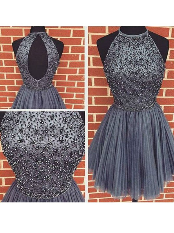 Vestidos cortos/mini de tul con cuentas y escote redondo sin mangas de corte A/princesa