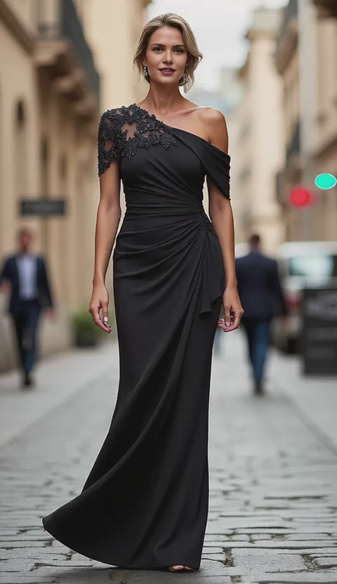 Elegant One-Shoulder Lace-Embroidered Ruched Mermaid Maxi Dress Prom D –  Amzcw Dress
