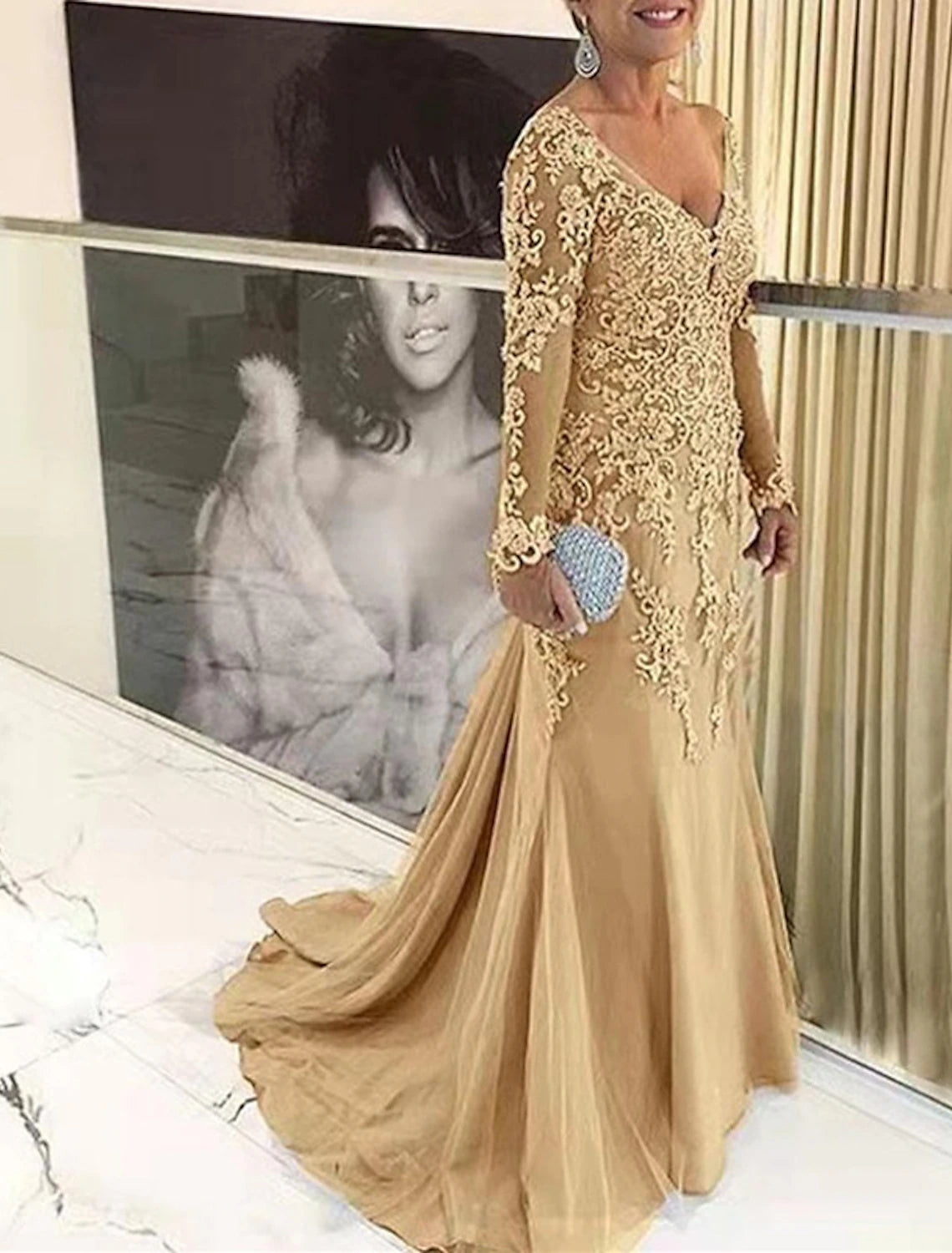 Vestidos de sirena/trompeta para madre de la novia, tallas grandes, para ocultar la curva del vientre, vestidos de invitada de boda de otoño, formales, con cola larga, escote en V, encaje con apliques