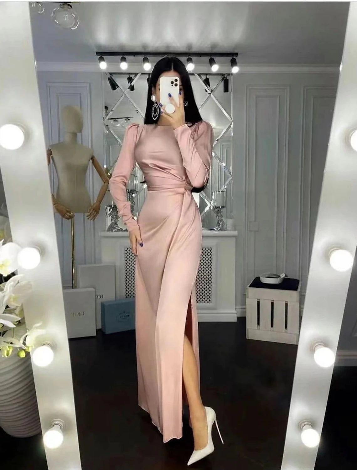Sheath / Column Evening Gown Elegant Dress Wedding Guest Floor Length Long Sleeve High Neck Bridesmaid Dress Satin with Ruched