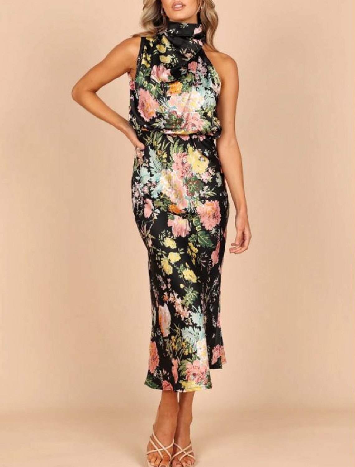 A-Line Wedding Guest Dresses Minimalist Dress Party Wear Ankle Length Sleeveless Halter Neck Satin with Ruche