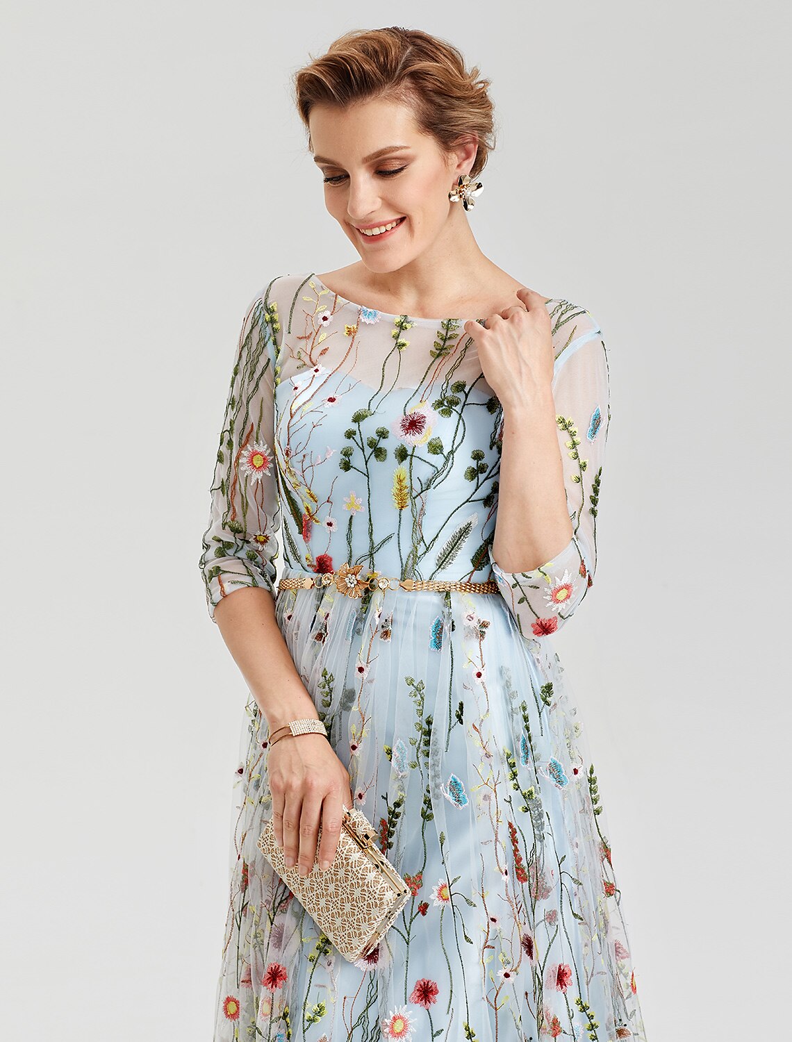 A-Line Empire Dress Party Wear Wedding Guest Floor Length 3/4 Length Sleeve Illusion Neck Lace with Embroidery Appliques