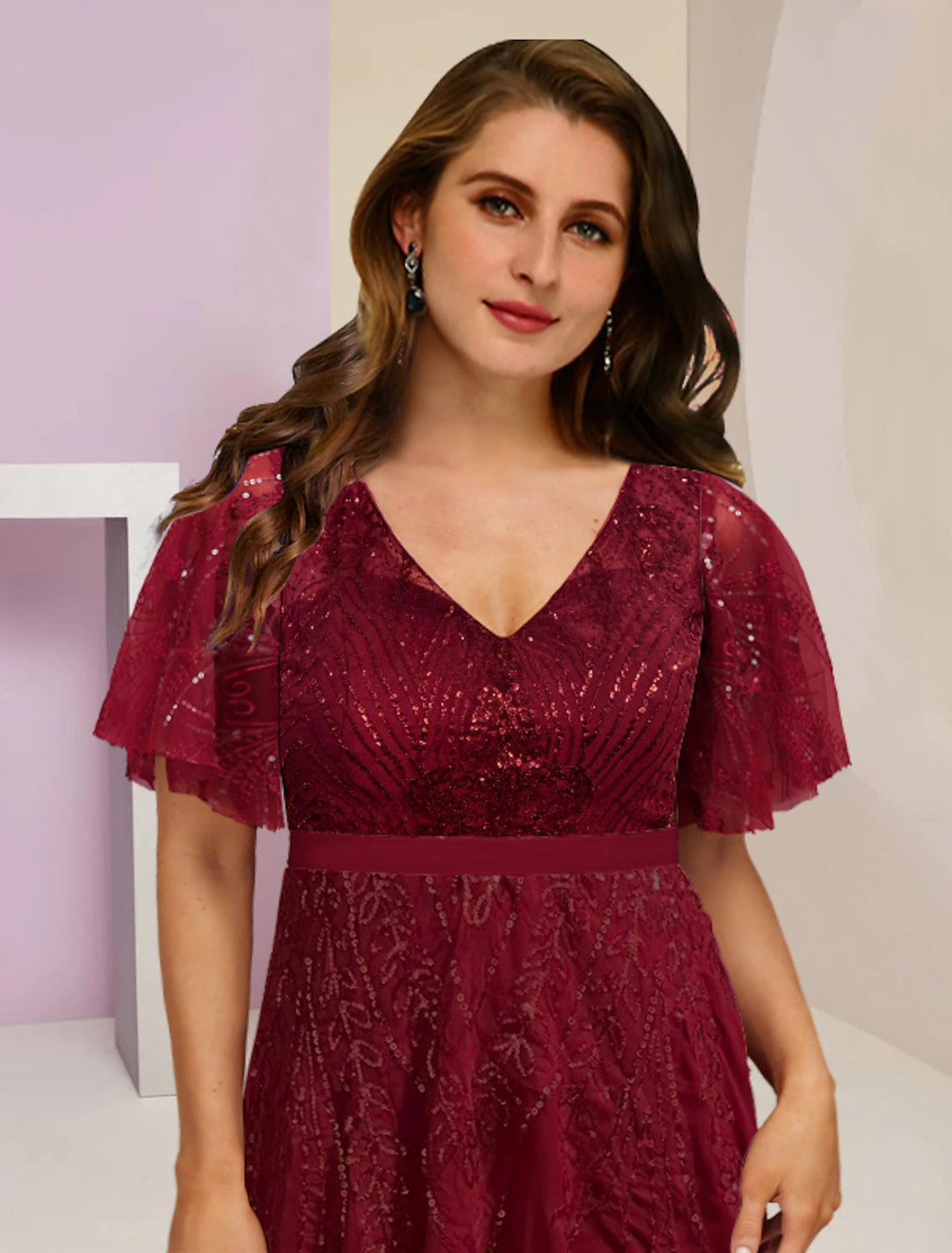 Vestido de madre de la novia con curvas de talla grande para invitada de boda, elegante, brillante y con brillo, escote en V, largo hasta el suelo, de gasa, encaje con lentejuelas, manga corta con pliegues y abertura.