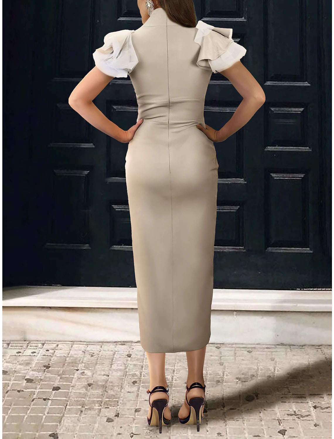 A-Line Cocktail Dresses Elegant Dress Wedding Guest Kentucky Derby Tea Length Sleeveless High Neck Stretch Fabric with Ruffles Shouder Flower