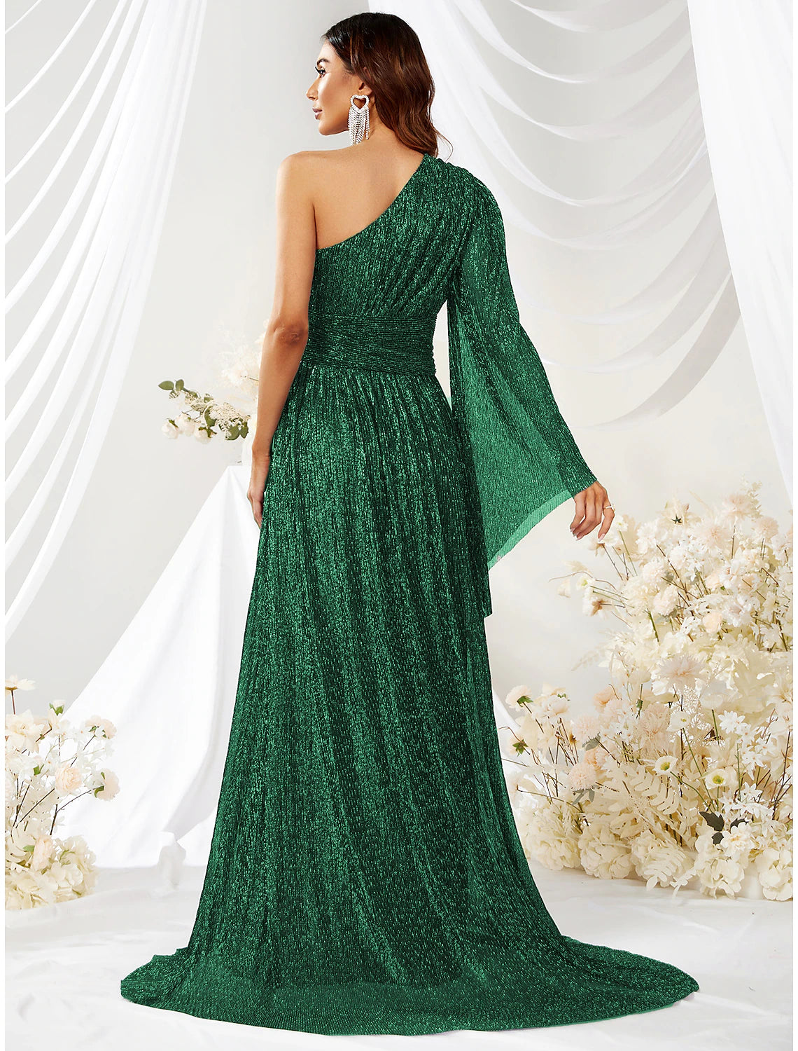 A-Line Wedding Guest Dresses Sparkle & Shine Dress Formal Sweep / Brush Train Long Sleeve One Shoulder Polyester with Glitter Slit