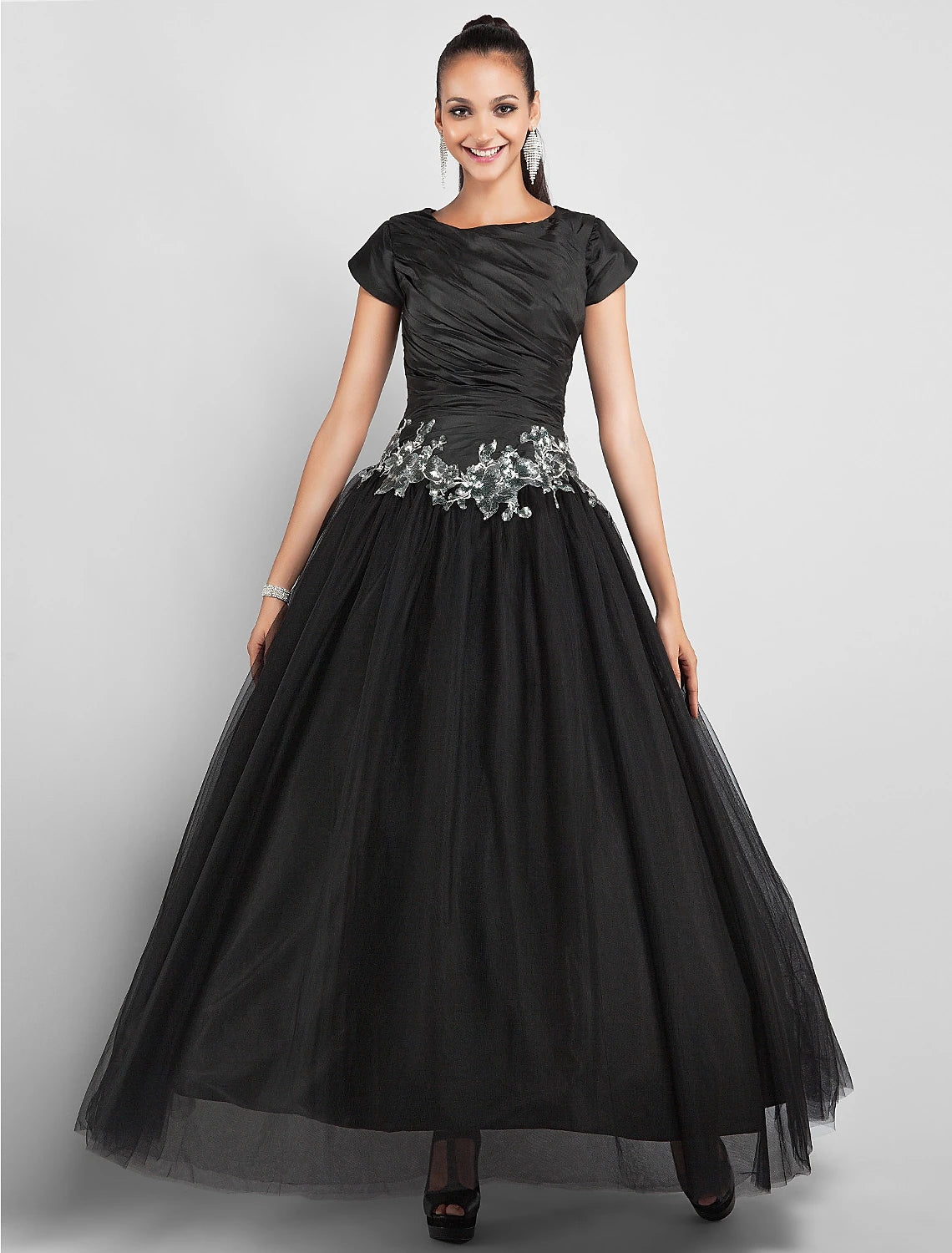 Vestido de fiesta negro corto, vestido de fiesta, formal, de noche, largo hasta los tobillos, manga corta, cuello joya, tafetán con apliques, drapeado lateral