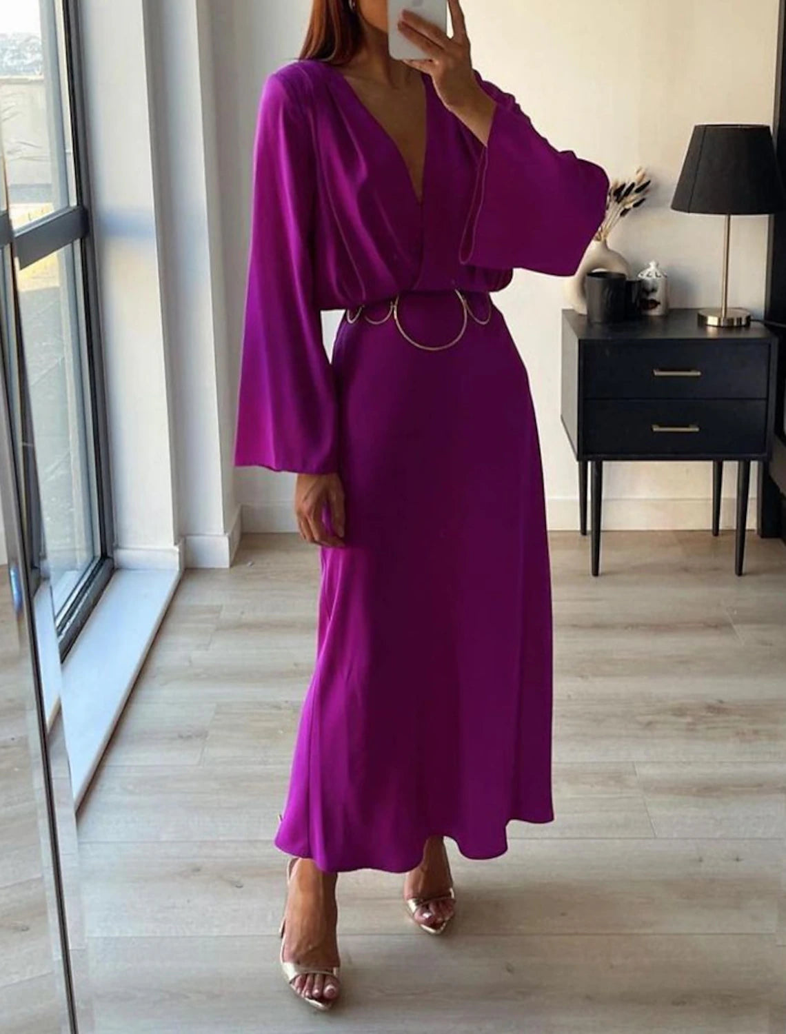 A-Line Wedding Guest Dresses Elegant Dress Holiday Ankle Length Long Sleeve V Neck Fall Wedding Guest Polyester with Fringe