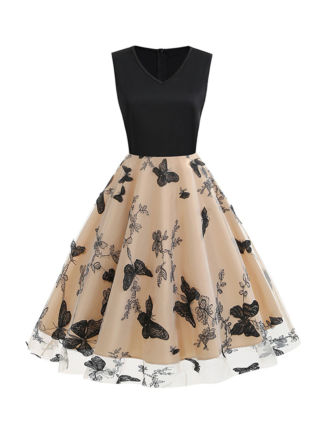 omen's Vintage Dress Party Dress Homecoming Dress Midi Dress Black Red Khaki Sleeveless Floral Mesh Spring Fall Winter V Neck Vintage Christmas Wedding Guest Birthday