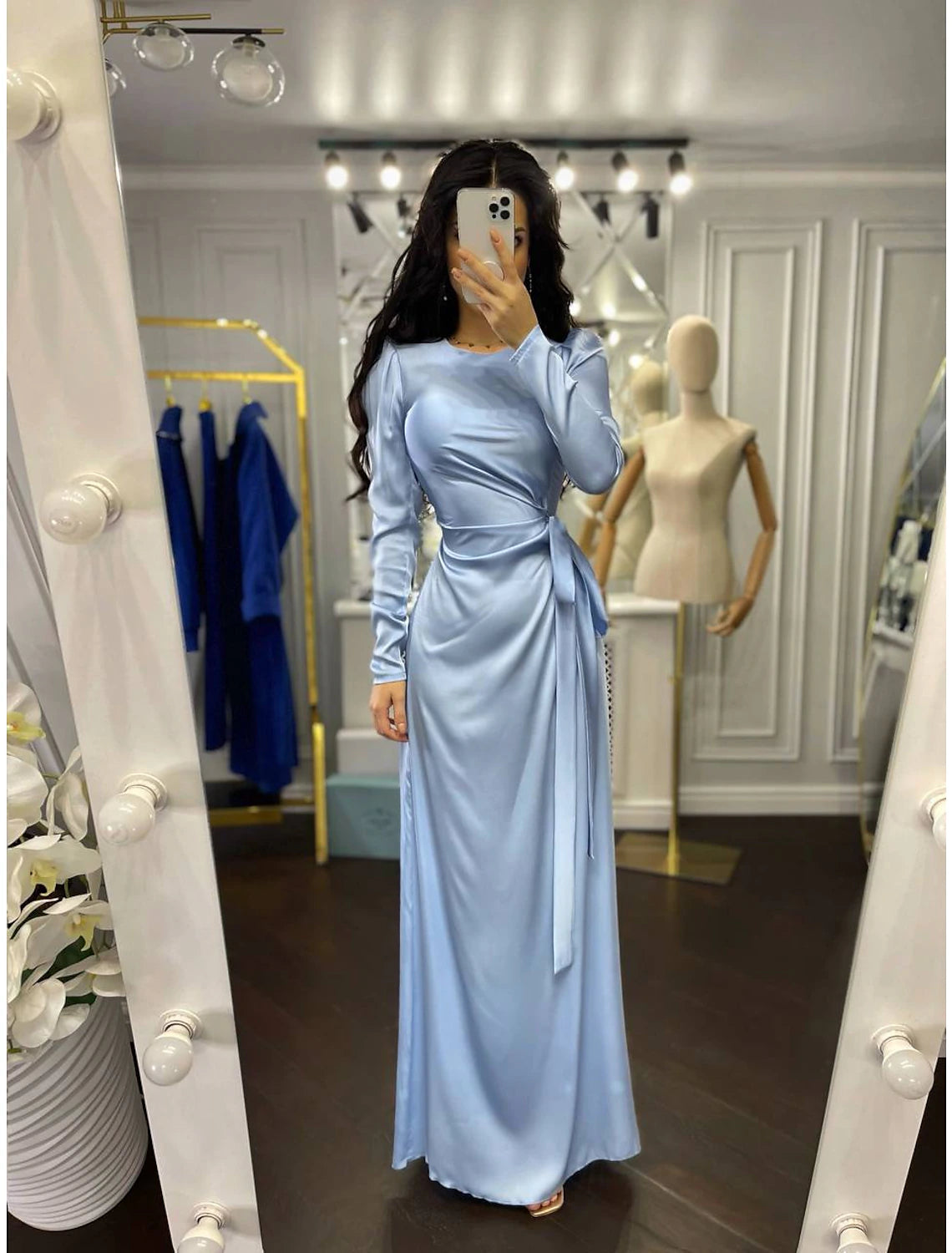 Sheath / Column Evening Gown Elegant Dress Wedding Guest Floor Length Long Sleeve High Neck Bridesmaid Dress Satin with Ruched