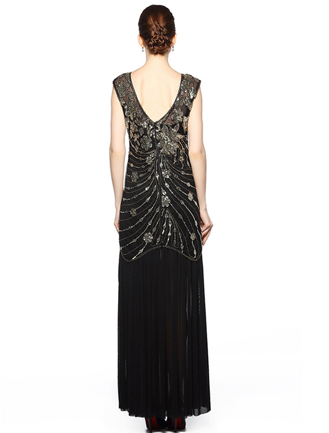 Vestido de noche estilo A, estilo vintage, para fiestas, largo hasta el suelo, sin mangas, cuello joya, licra, espalda en V con bordado de lentejuelas