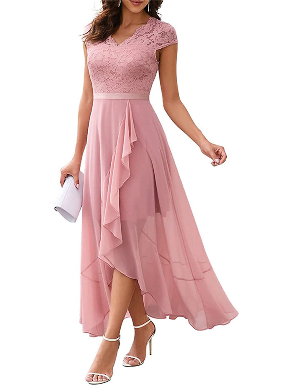 Women's Party Dress Lace Dress Homecoming Dress Long Dress Maxi Dress Black Pink Red Short Sleeve Pure Color Lace Summer Spring V Neck Party Wedding Guest Vacation Summer Dress