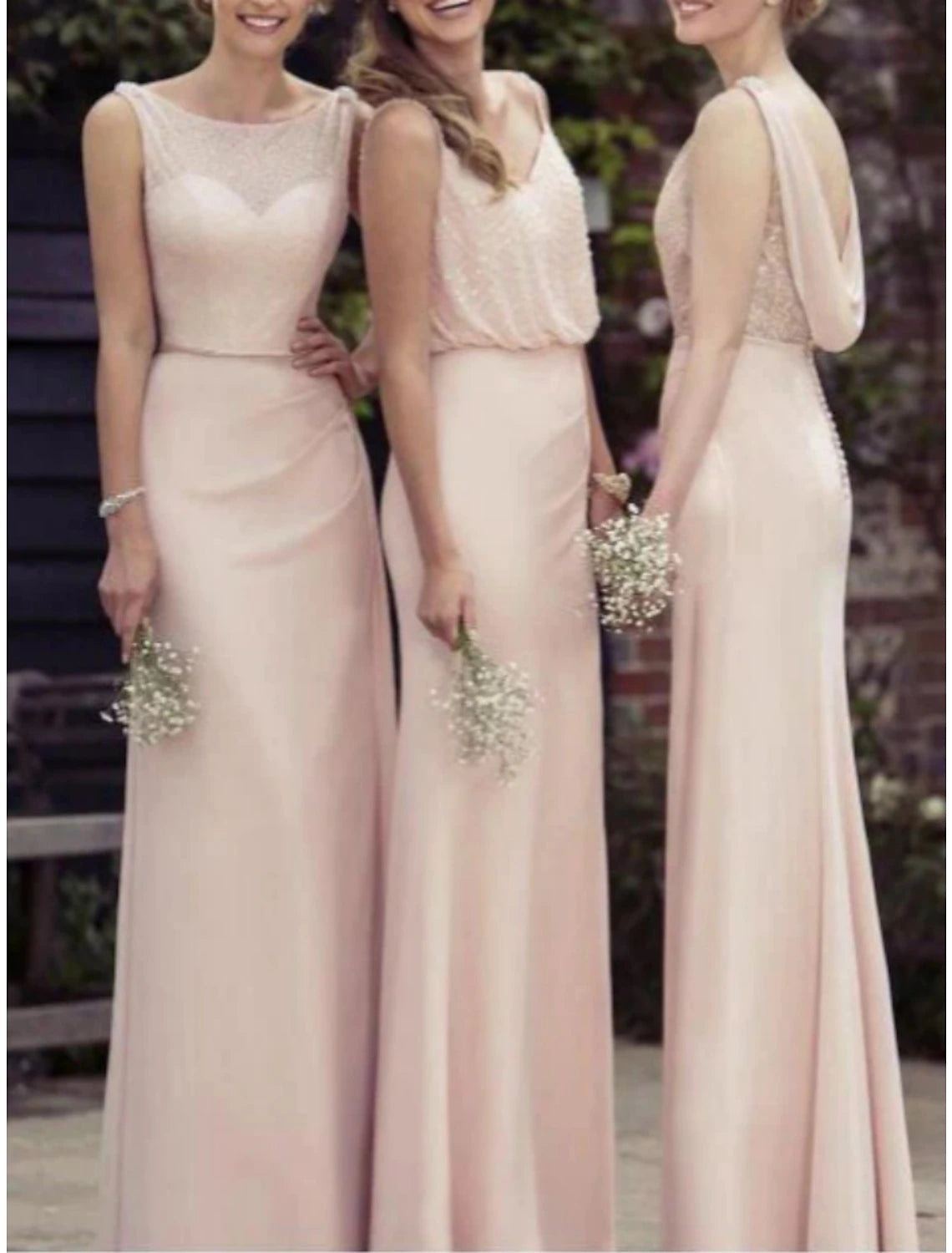 Vestido de dama de honor de corte A, escote redondo/en V, sin mangas, elegante, largo hasta el suelo, de gasa con lentejuelas/fruncido.