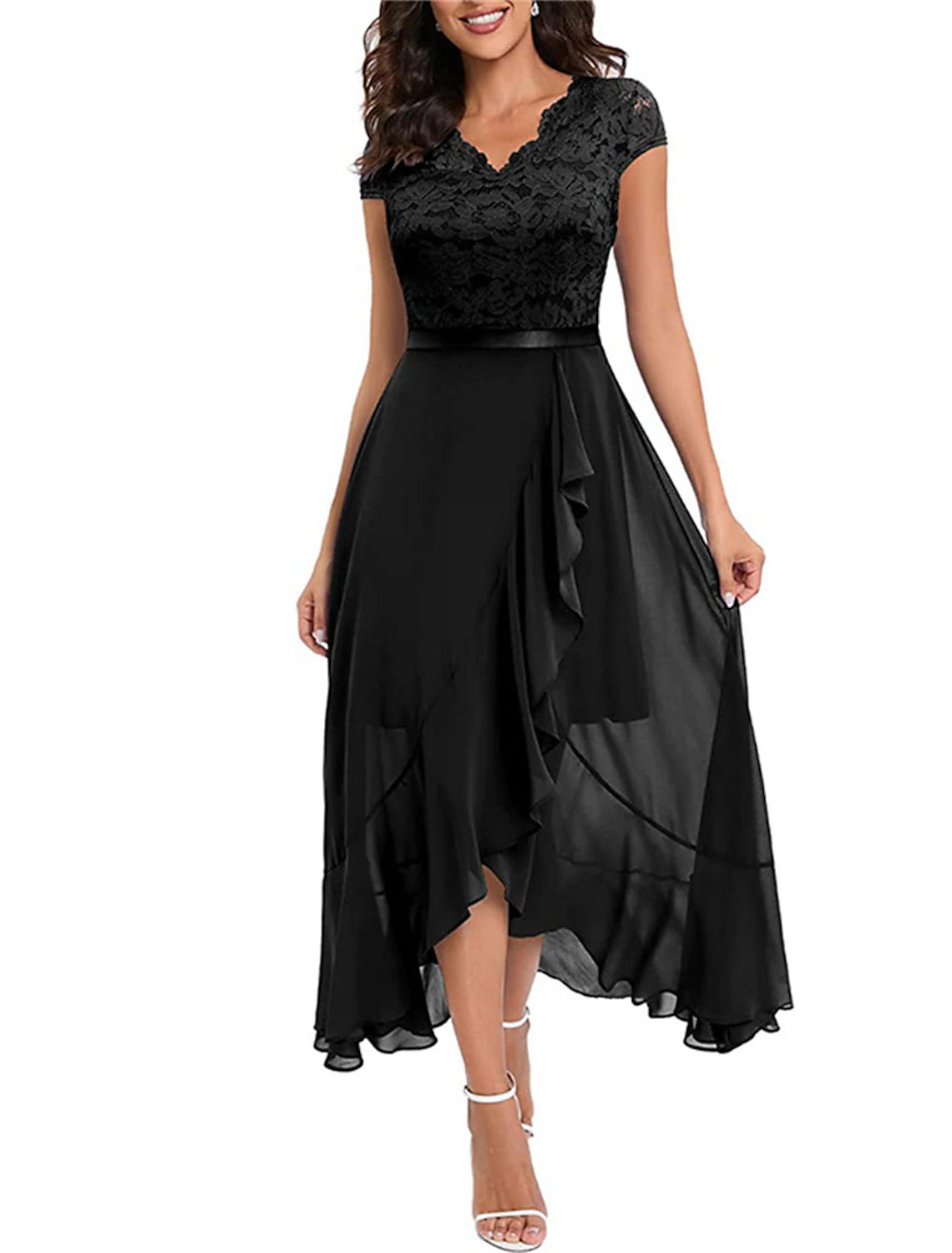 Women's Party Dress Lace Dress Homecoming Dress Long Dress Maxi Dress Black Pink Red Short Sleeve Pure Color Lace Summer Spring V Neck Party Wedding Guest Vacation Summer Dress