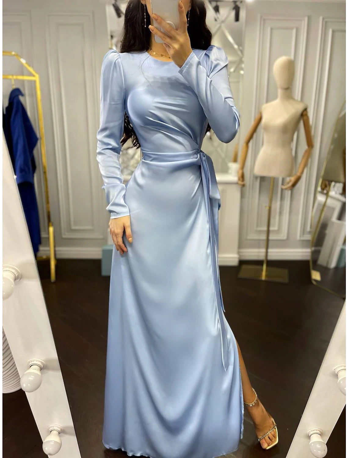Sheath / Column Evening Gown Elegant Dress Wedding Guest Floor Length Long Sleeve High Neck Bridesmaid Dress Satin with Ruched