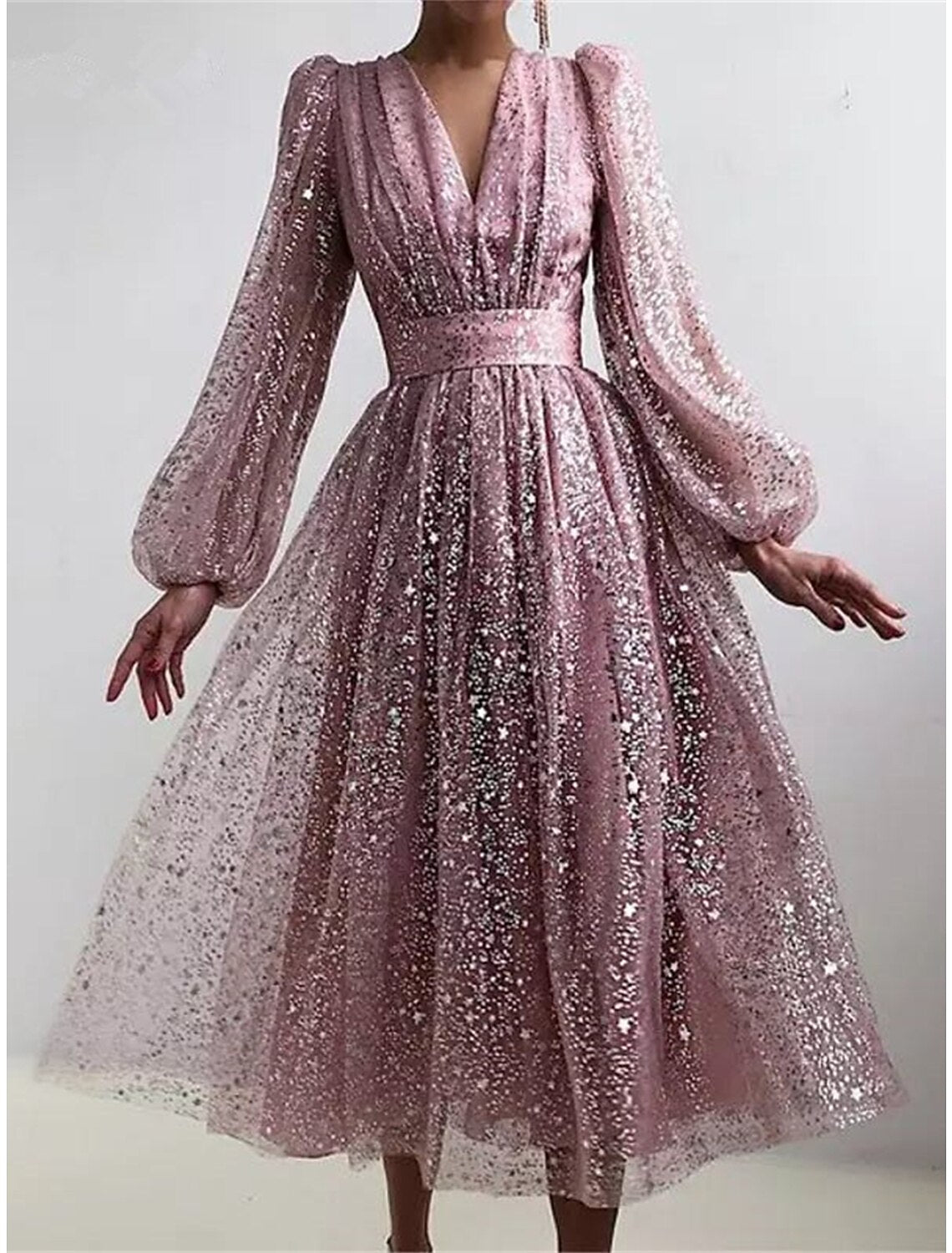 Women's Sequin Dress Party Dress Homecoming Dress Midi Dress Light Pink Pink Blue Long Sleeve Pure Color Sequins Spring Fall Winter V Neck Fashion Winter Dress Wedding Guest Birthday