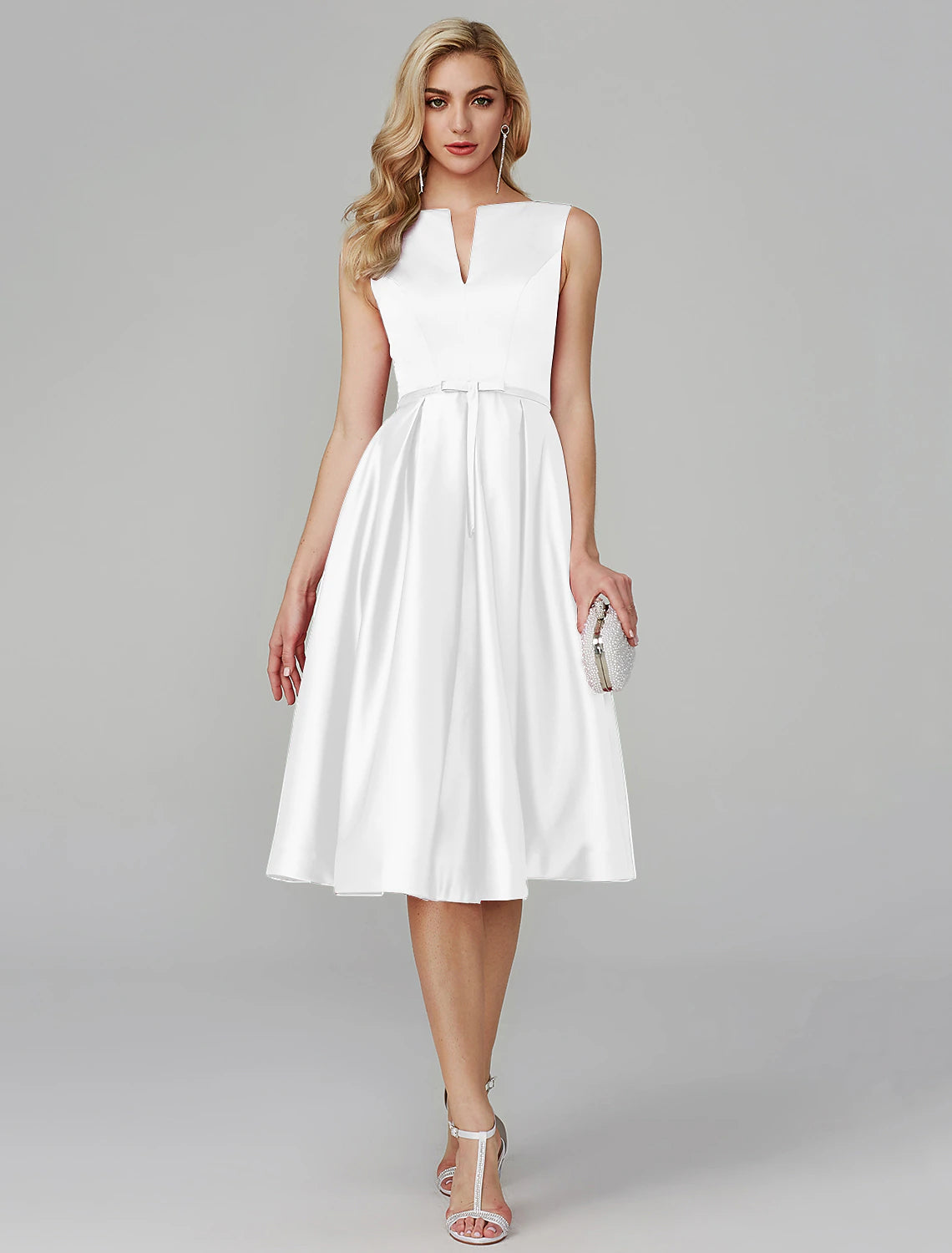 A-Line Party Dress Wedding Guest Knee Length Sleeveless V Wire Pink Dress Satin with Sash / Ribbon