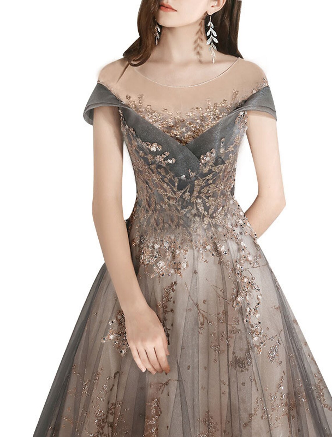 Vestido de dama de honor de corte A, escote joya, manga corta, hermosa espalda, largo hasta el suelo, tul con cristales/banda