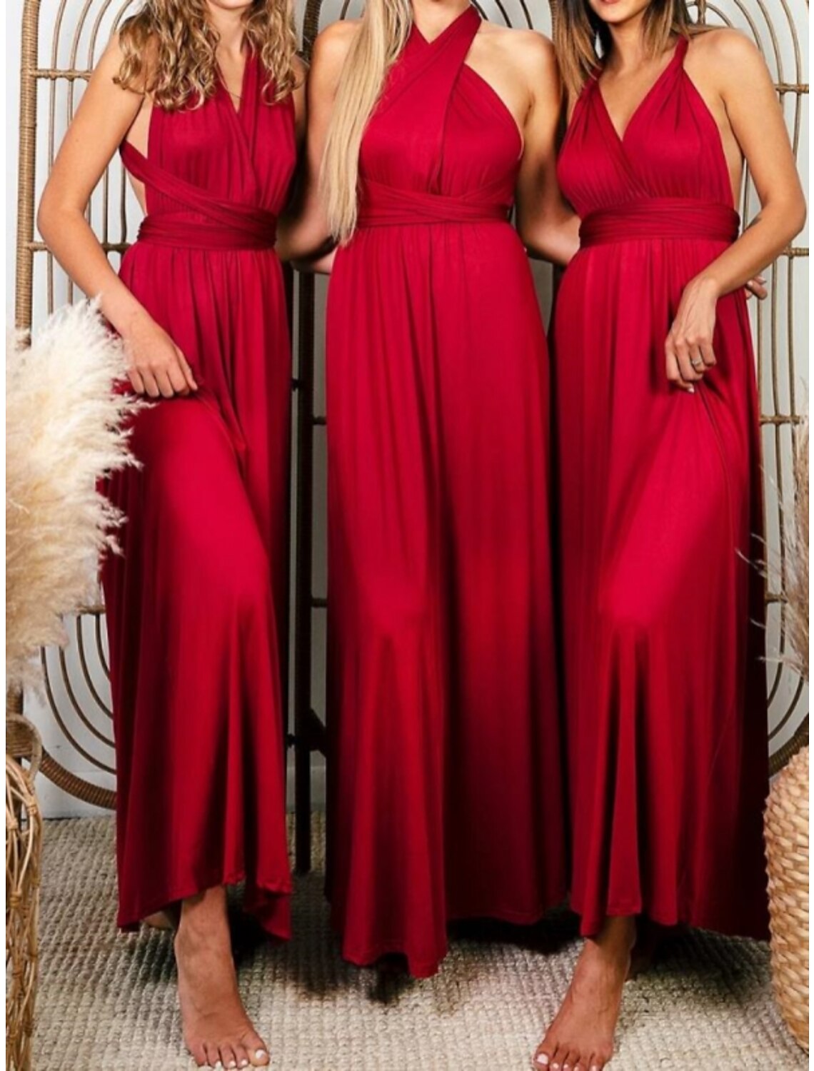 Vestido de dama de honor con corte tubo/columna, sin mangas, convertible, largo hasta el tobillo, de licra, con pliegues, color liso