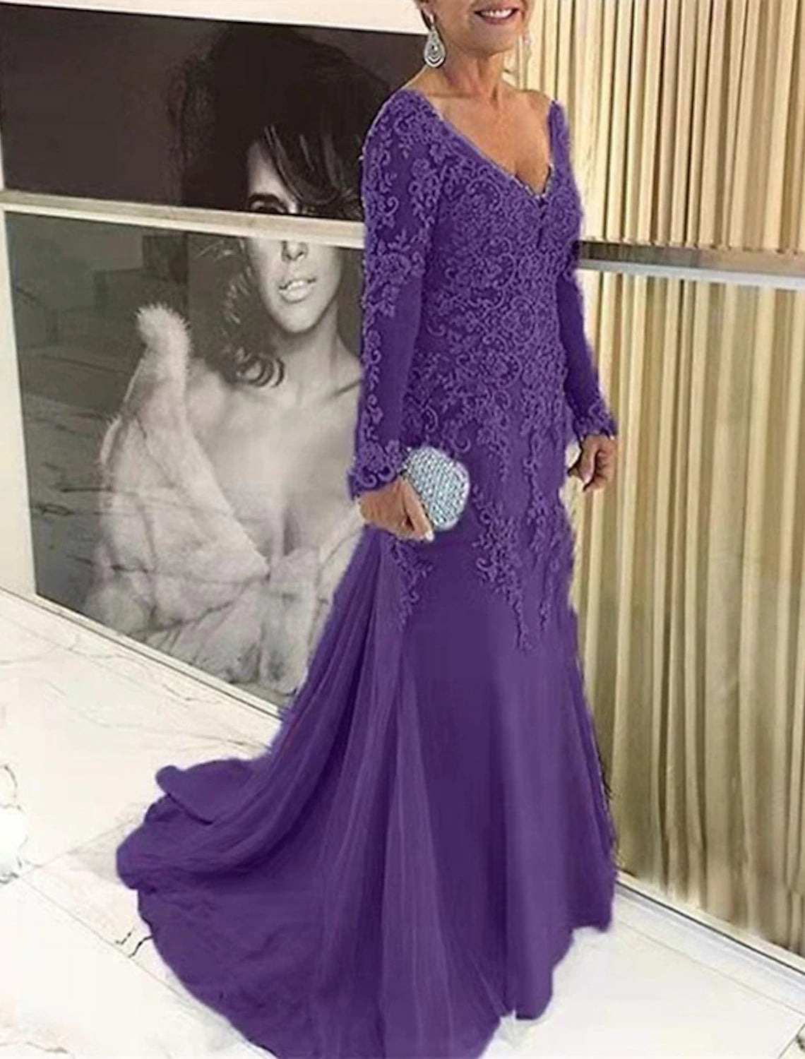 Vestidos de sirena/trompeta para madre de la novia, tallas grandes, para ocultar la curva del vientre, vestidos de invitada de boda de otoño, formales, con cola larga, escote en V, encaje con apliques