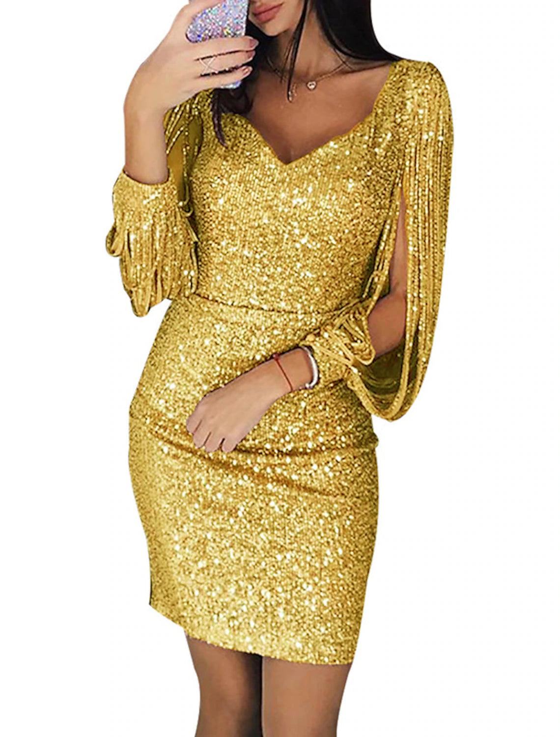 Women‘s Sequin Dress Party Dress Sparkly Dress Homecoming Dress Sheath Dress Mini Dress Silver Light Rose 3/4-Length Sleeve Solid Color Spring Fall V Neck Elegant Slim