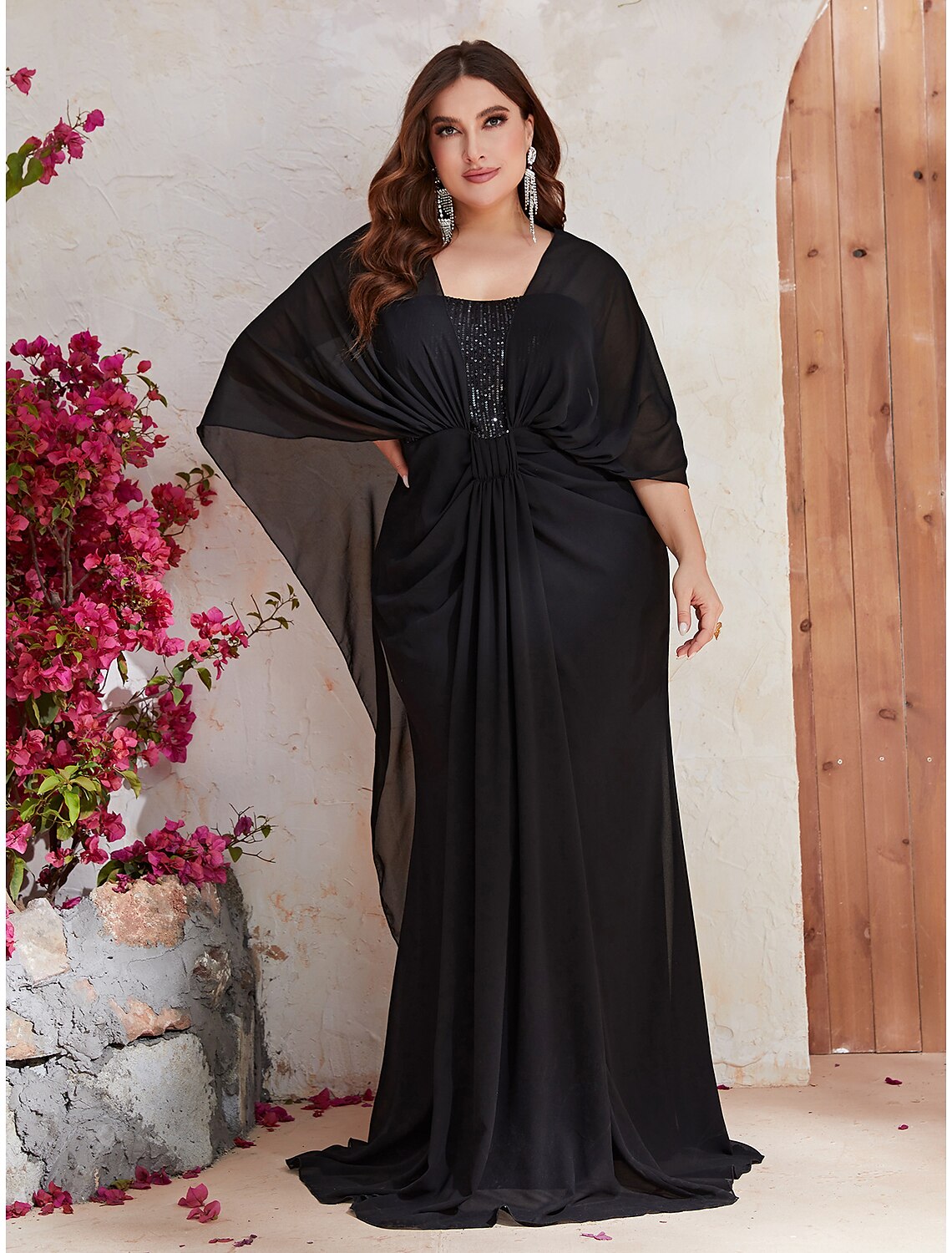 Vestidos de novia de sirena/trompeta para invitada de boda, vestido de talla grande, vestido formal de fiesta de noche, cola larga/cepillo, manga larga, cuello en V, poliéster con chal de lentejuelas