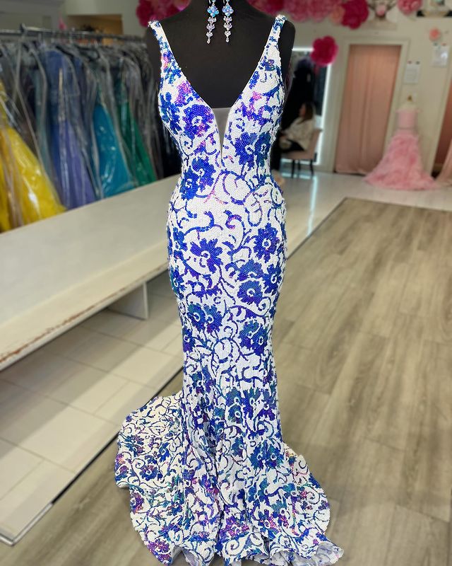 Vestido de fiesta largo con lentejuelas y escote en V de sirena