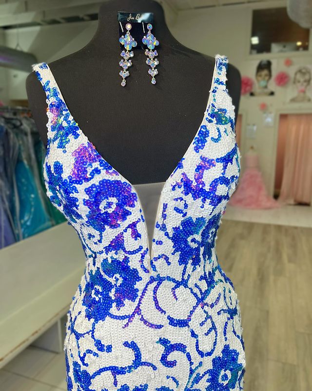Vestido de fiesta largo con lentejuelas y escote en V de sirena