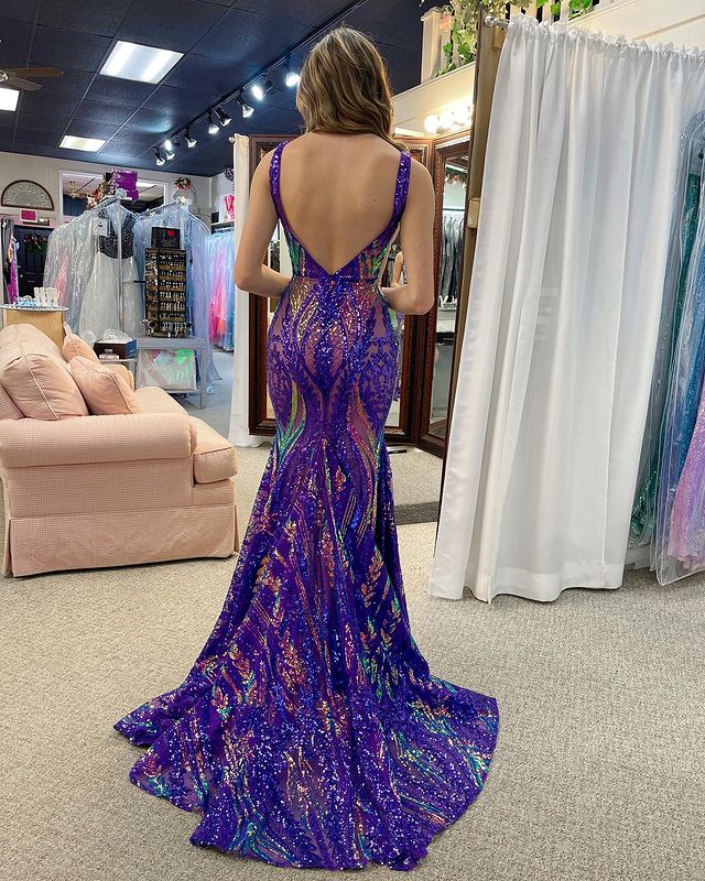 Vestido de fiesta de lentejuelas con escote en V y cola larga de sirena/trompeta