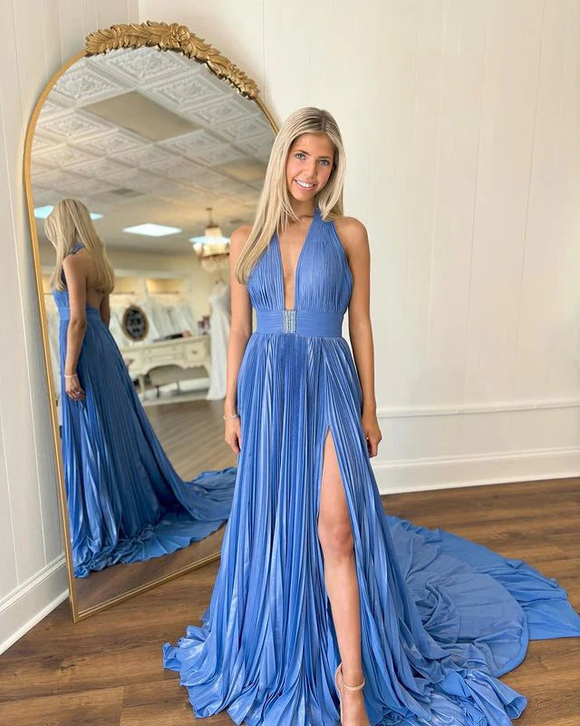 Vestido largo de noche de graduación sin espalda con cuello halter, cuentas de gasa y diamantes de imitación