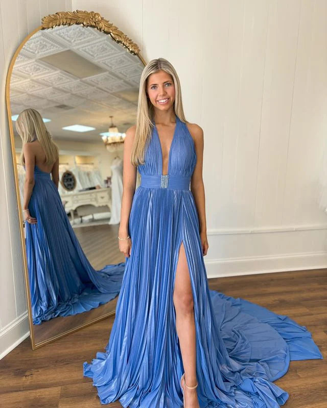 Vestido largo de noche de graduación sin espalda con cuello halter, cuentas de gasa y diamantes de imitación