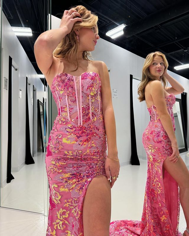 Vestidos de fiesta elegantes, largos, sencillos, con apliques y abertura frontal en color rosa sin tirantes
