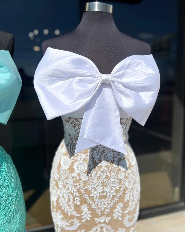 Vestidos de fiesta de sirena sexys sin tirantes de encaje sin mangas, vestidos de noche largos populares