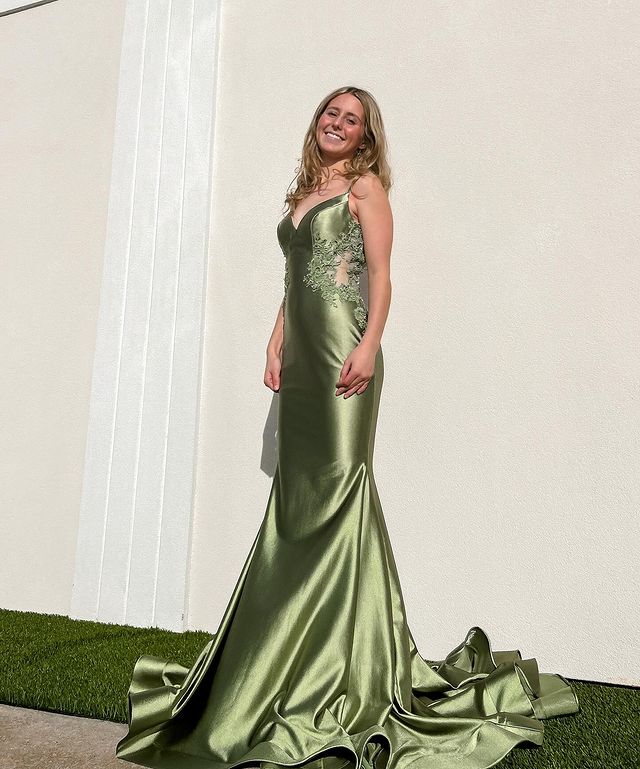 Vestido de noche de sirena con tirantes finos, escote en V, satén, sin espalda, encantador, con apliques