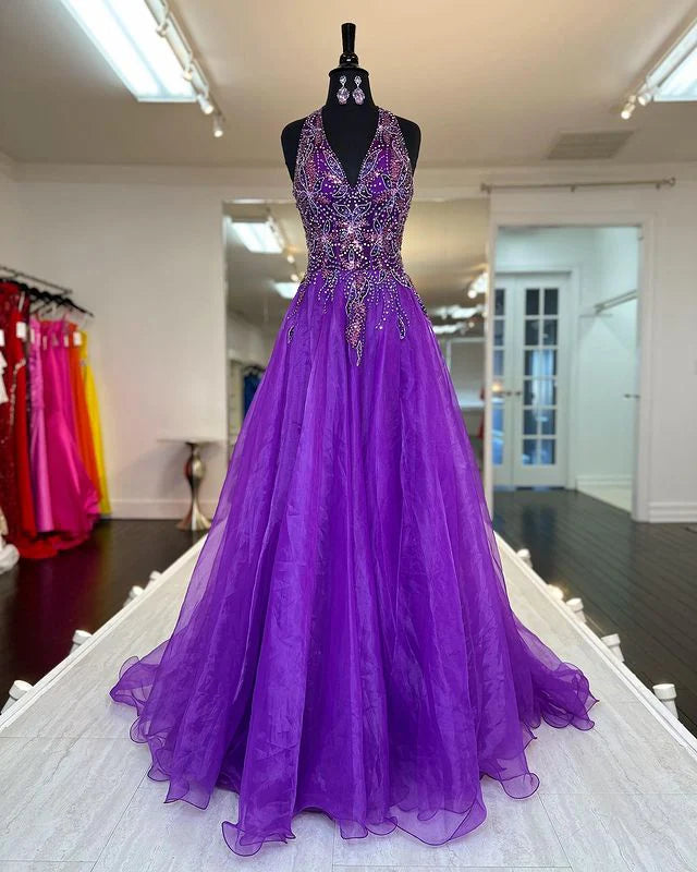 Vestidos de fiesta con escote en V y corte A con cuentas
