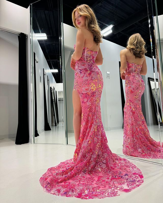 Vestidos de fiesta elegantes, largos, sencillos, con apliques y abertura frontal en color rosa sin tirantes