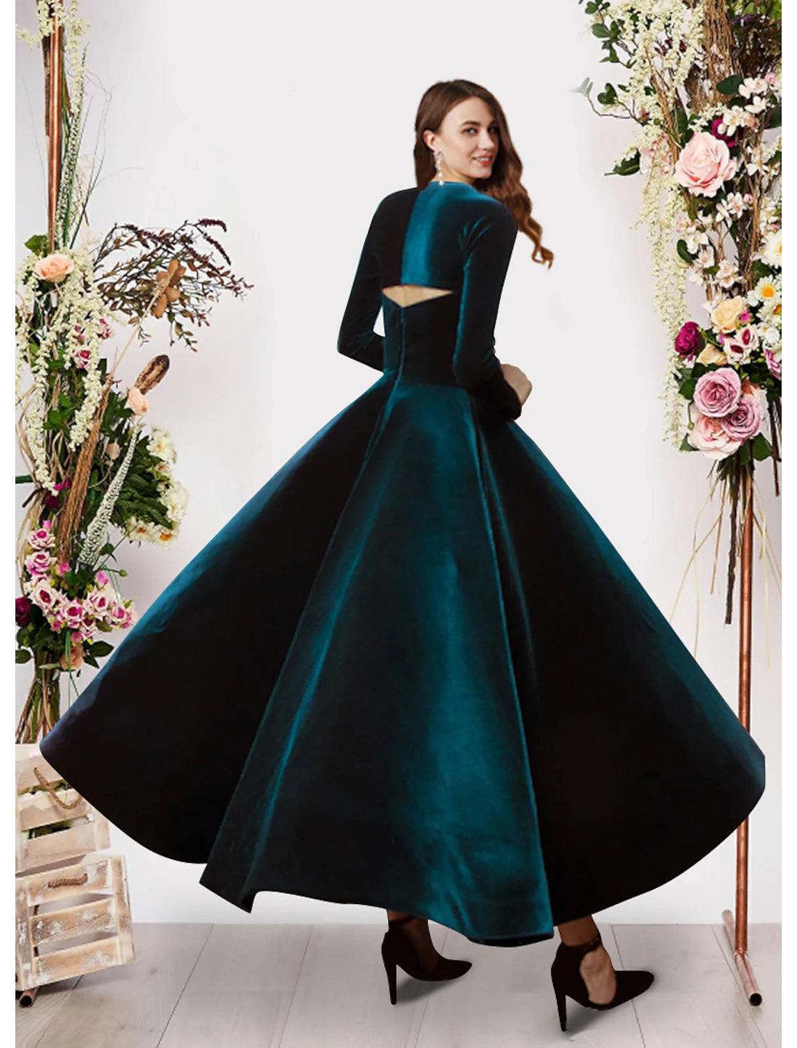 Ball Gown Evening Gown Vintage Dress Prom Formal Evening Ankle Length Long Sleeve Square Neck Velvet with Pure