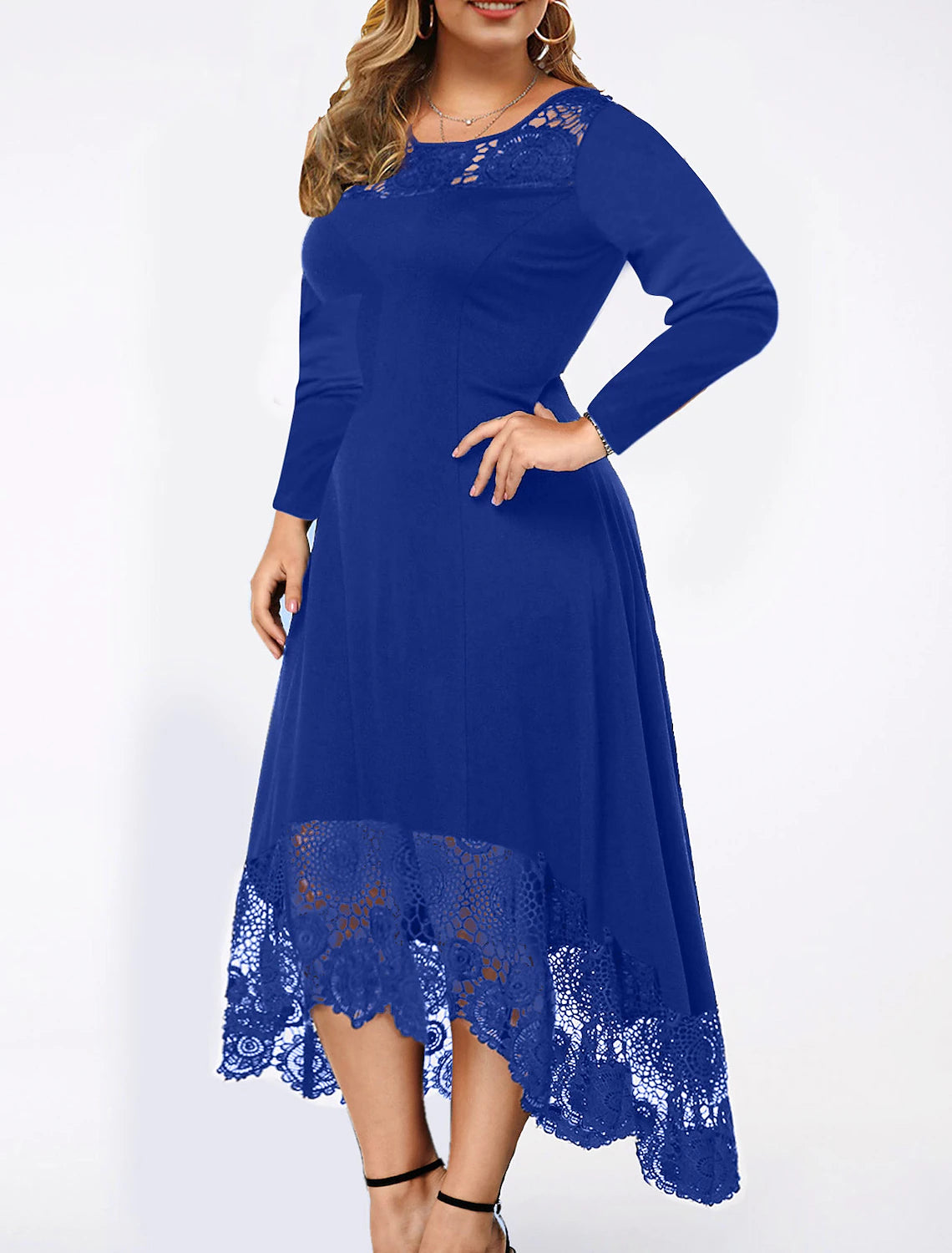 Vestidos de cóctel de corte A, talla grande, para fiesta, para invitados de boda, largo hasta el tobillo, manga larga, cuello joya, licra, con inserción de encaje, color puro