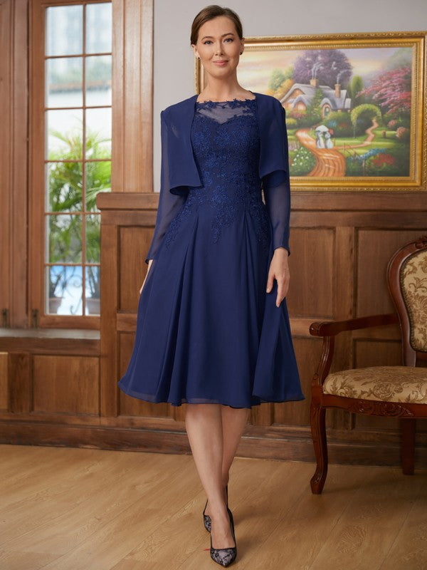 Vestidos para madre de la novia de corte A/princesa, de gasa, con encaje, escote redondo, sin mangas y hasta la rodilla